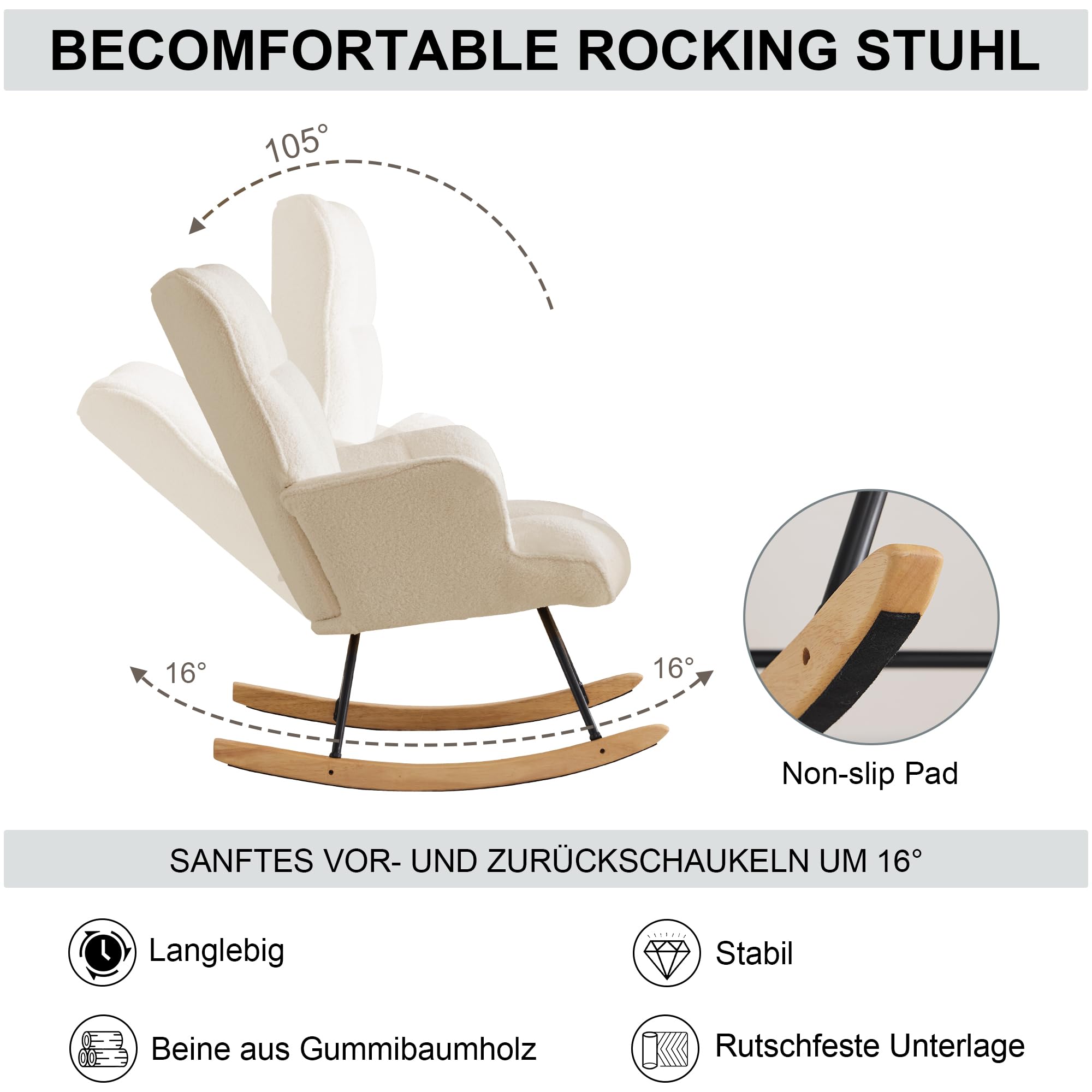 Schaukelstuhl Stillsessel Schaukelsessel mit Armlehnen Gepolsterter Stillstuhl Relaxsessel für Wohnzimmer Babyzimmer Bis 136 kg Belastbar Rocking Chair Nursery Elfenbeinfarben