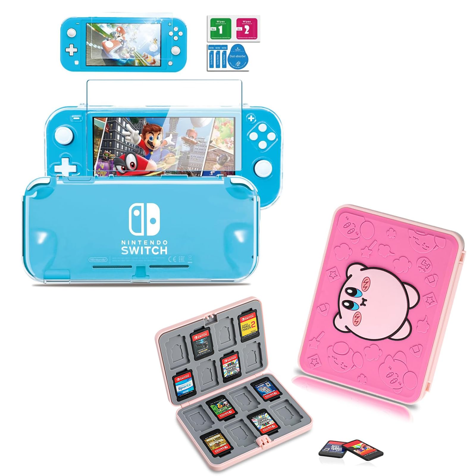 Switch Lite Case with HD Tempered Screen Protector and Game Card Case Holder with 16 Game Cards Slots & 16 SD Cards Slots