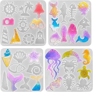 Szecl 4Pcs Ocean Element Keychain Silicone Mold 37 Cavities Marine Conch Shell Jellyfish Epoxy Resin Mold Anchor Fish Tail Lighthouse UV Resin Casting Mold DIY Jewelry Making Tool Earring Charm Craft