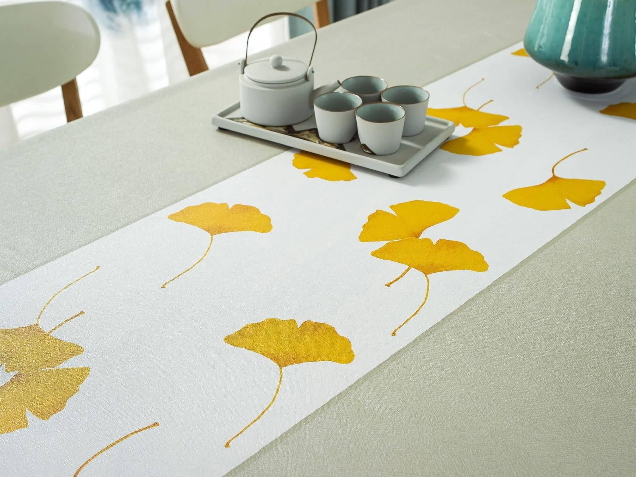 Tovaglia da Cucina Rettangolare, Tovaglie 140 x 300 cm Modello Ginkgo Biloba in PVC Tovaglia per La Decorazione della Casa CucinaBeige
