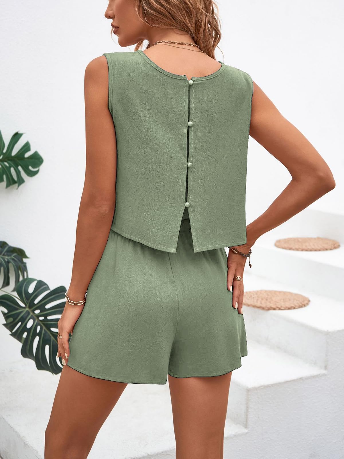 Damen zweiteiler ärmelloser Sommer Trainingsanzug Set Damen Mode Leinen Sommer SportanzugDamen Sommer Casual Sets Ärmelloses Top und hochtaillierte Shorts mit Taschen