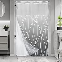 Vista 14 de Juego de cortina de ducha larga a rayas gris y blanco degradado sin gancho con forro a presión - Juego de cortina de ducha y forro de hotel