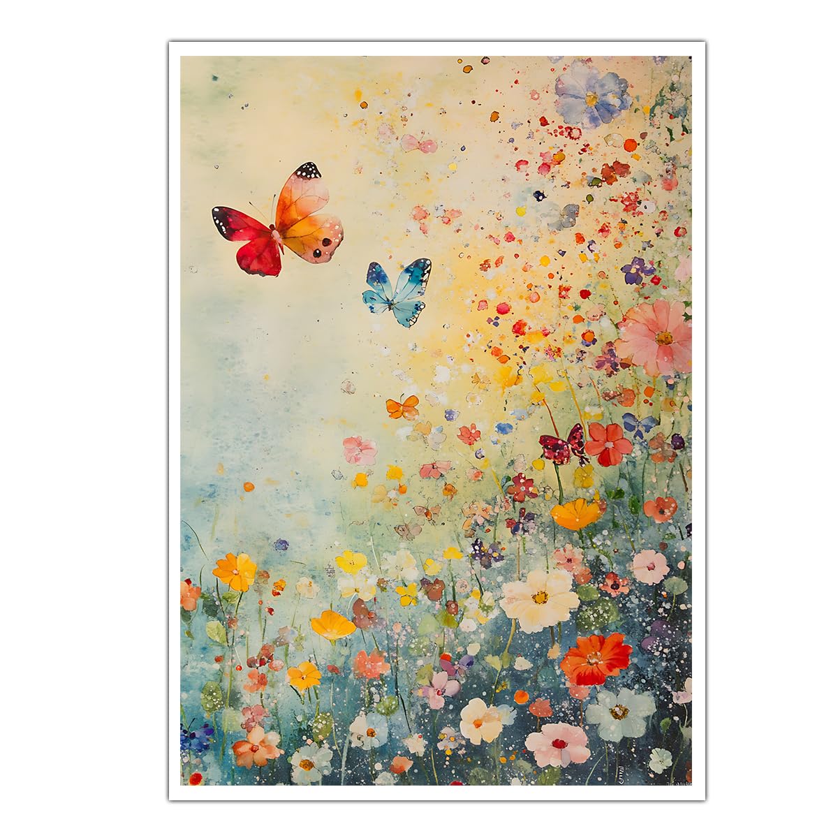 CHERHERART Poster Picture Watercolor Butterfly Wildflower Canvas Wall Art Colourful Spring Blooms Dreamy Canvas Prints Decor for Living Room 45x70cm Frameless