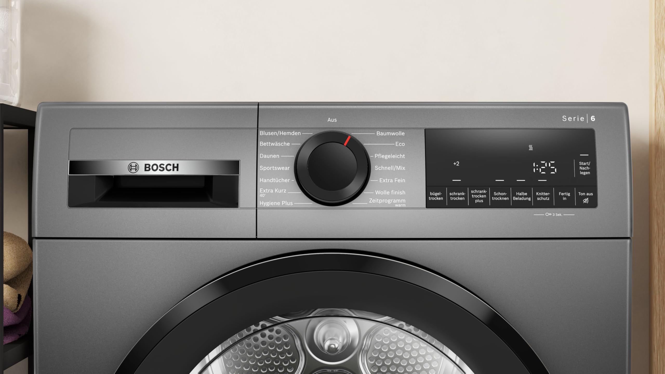 Bosch WQG243DR10 Serie 6, Wärmepumpentrockner 9 kg, Extra Kurz Trockenprogramm, Halbe Beladung Option, Auto Dry, Easy Clean Filter, Sensitive-Drying-System, Trommelreversierung, Innenbeleuchtung, Grau