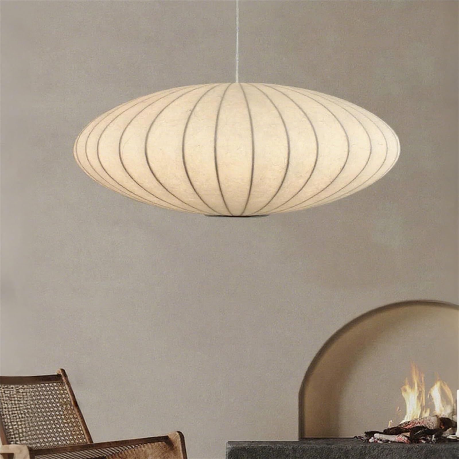 KHUKHU White Bubble Pendant Lamp,Wabi Sabi Drum Light Fixture,Modern Kitchen Island Light,Farmhouse Style Hanging Lamp for Study Room Office(23.62In/60cm)