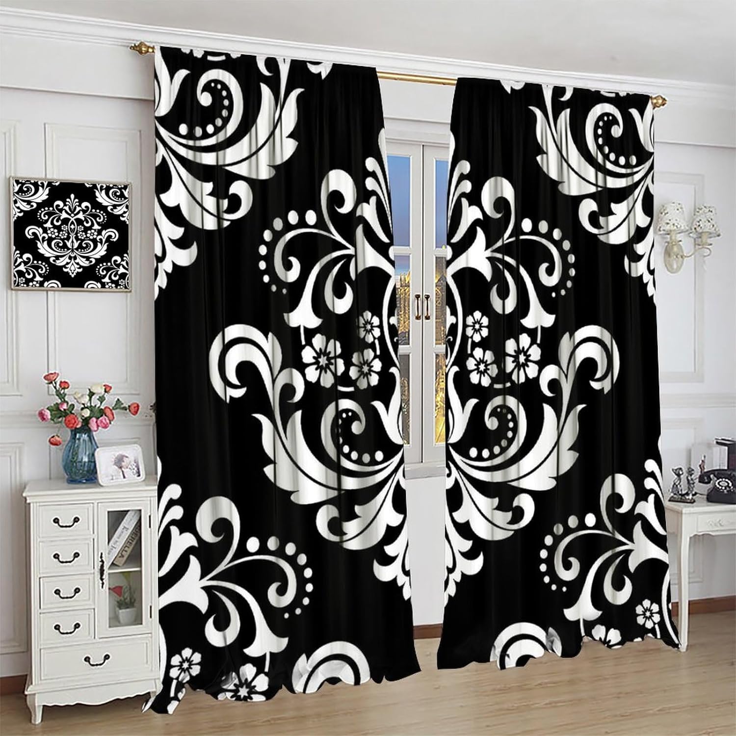 Gothic Floral Curtains, Royal Flowers in Black and White Antique Print, Blackout Noise Reducing Curtains for Bedroom Living Room42X54 Inch