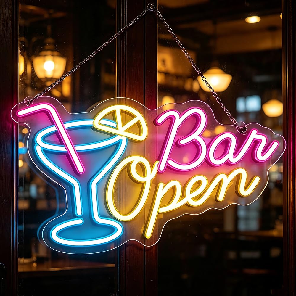 Bar Open Neon Light Sign, 42X27CM Colorful LED Neon Lights for Wall Decor with Switch, USB Dimmable LED Neon Lights for Beer Coffee Cafe Club Business Home Pub Man Cave Party Decorations