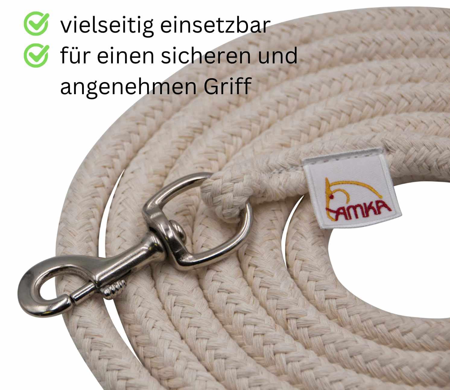 AMKA - Corda per pavimento in cotone con scacciatoia in pelle, 4,25 m, con moschettone, corda western