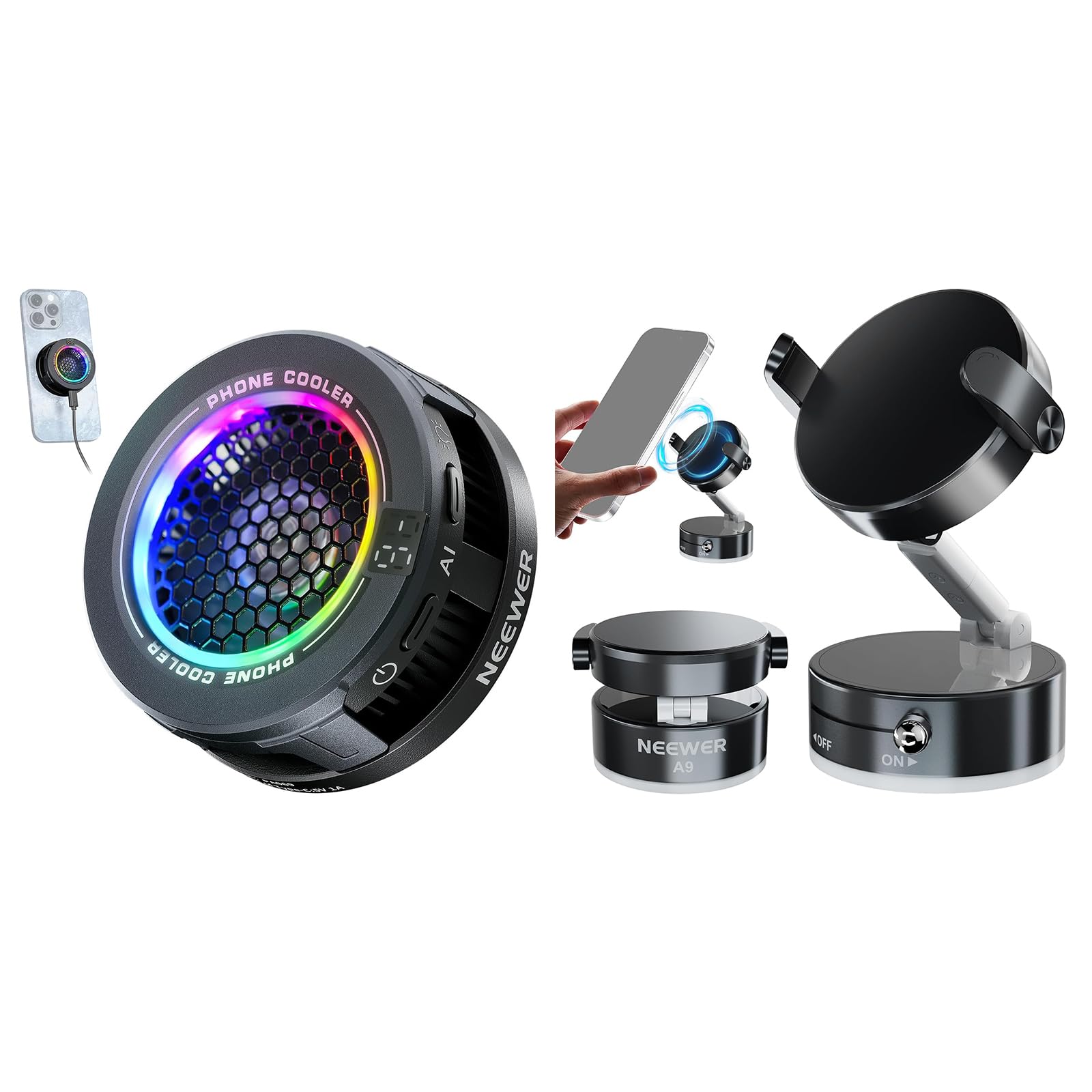 NEEWER Basics PA069 Magnetic Phone Cooler + Entry Level Version A9 Magnetic Phone Holder with Vacuum Suction Cup, Low Noise USB Cooling Fan with Temp Control RGB Light Compatible with MagSafe iPhone