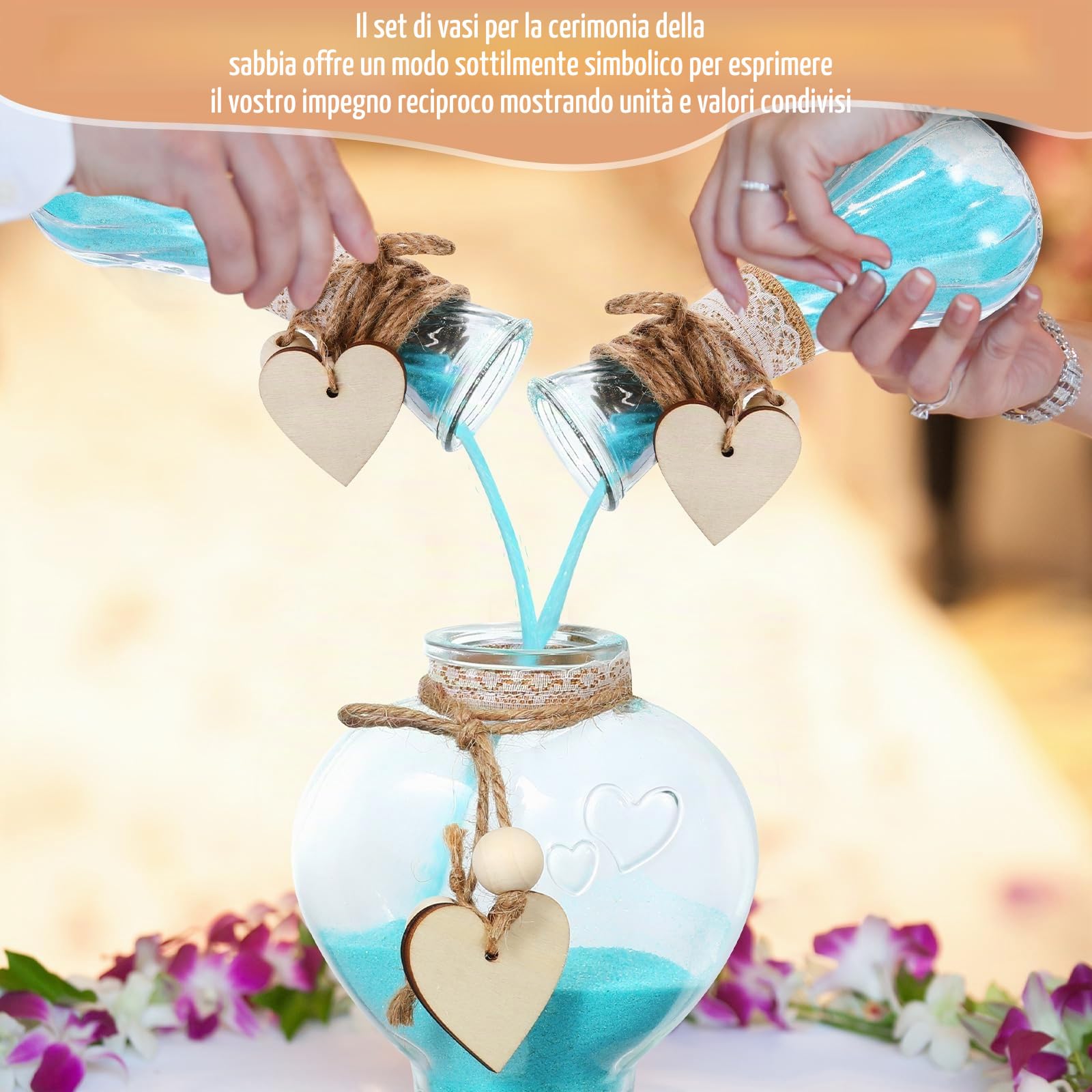Layhit Il set per cerimonia di sabbia Unity include 3 vasi decorativi con maniche in iuta e pizzo e corda di canapa amore in legno, kit personalizzato per cerimonia nuziale, sabbia non inclusa