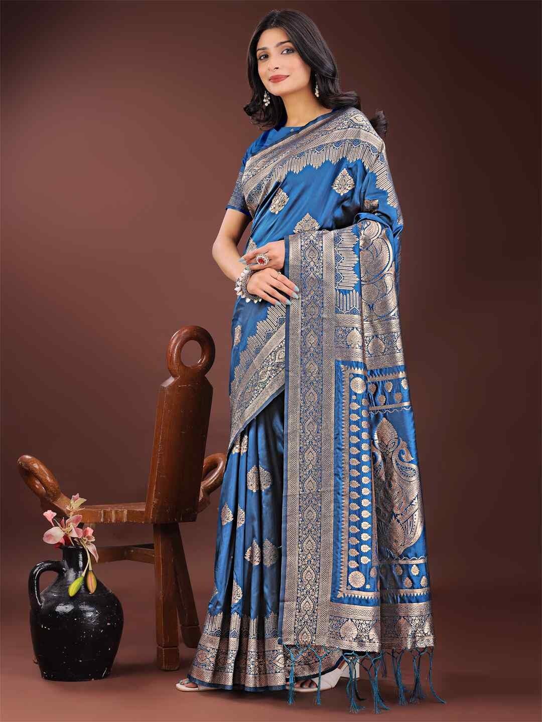 Shiv Textiles Women's Silk Woven Saree(AUS-ASTAN1001-BLUE) 1