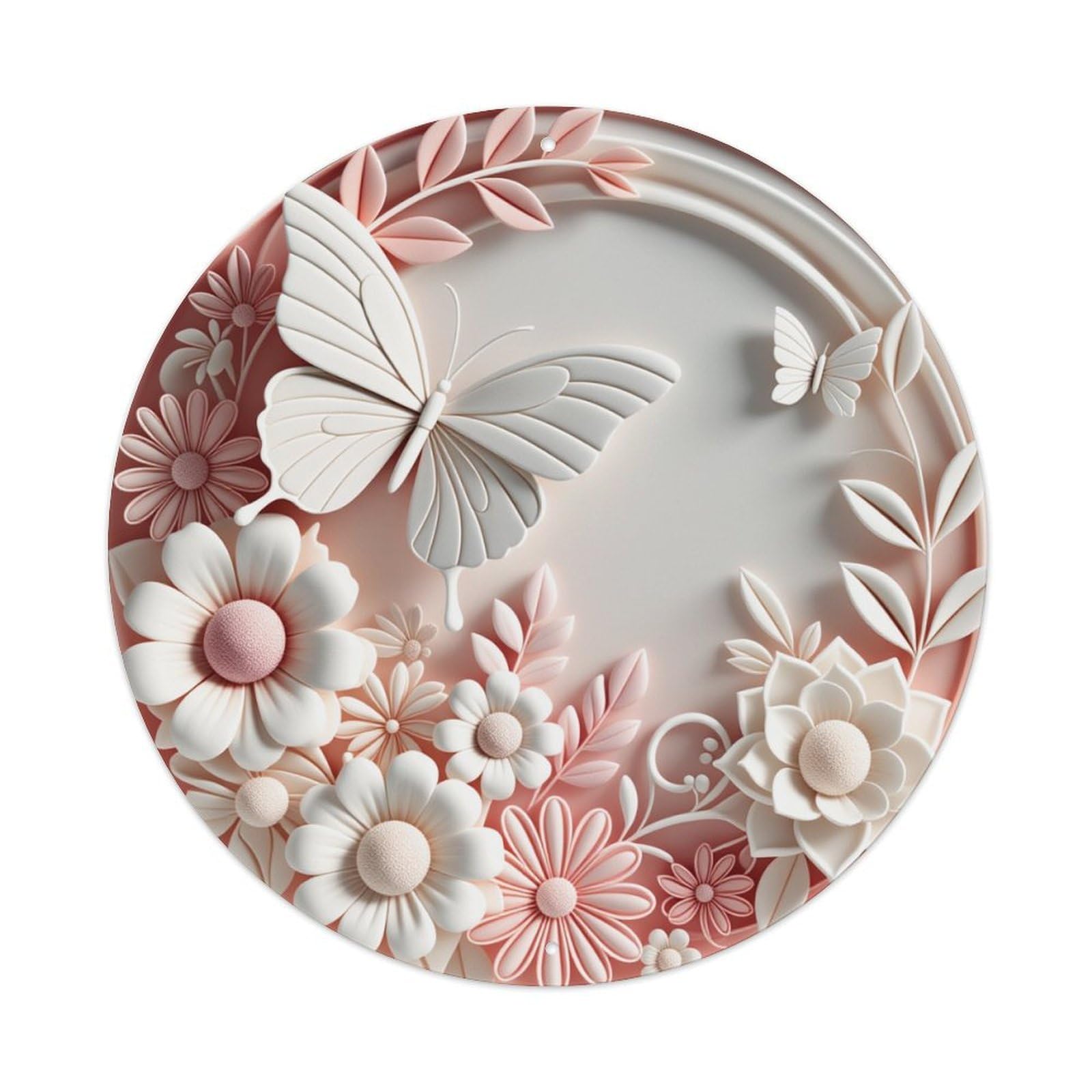 Butterfly Flowers Leaves Pink White Round Tin Sign Vintage Style Metal Sign Home Bar Garden Wall Plaque Decor Metal Poster 8x8 Inch