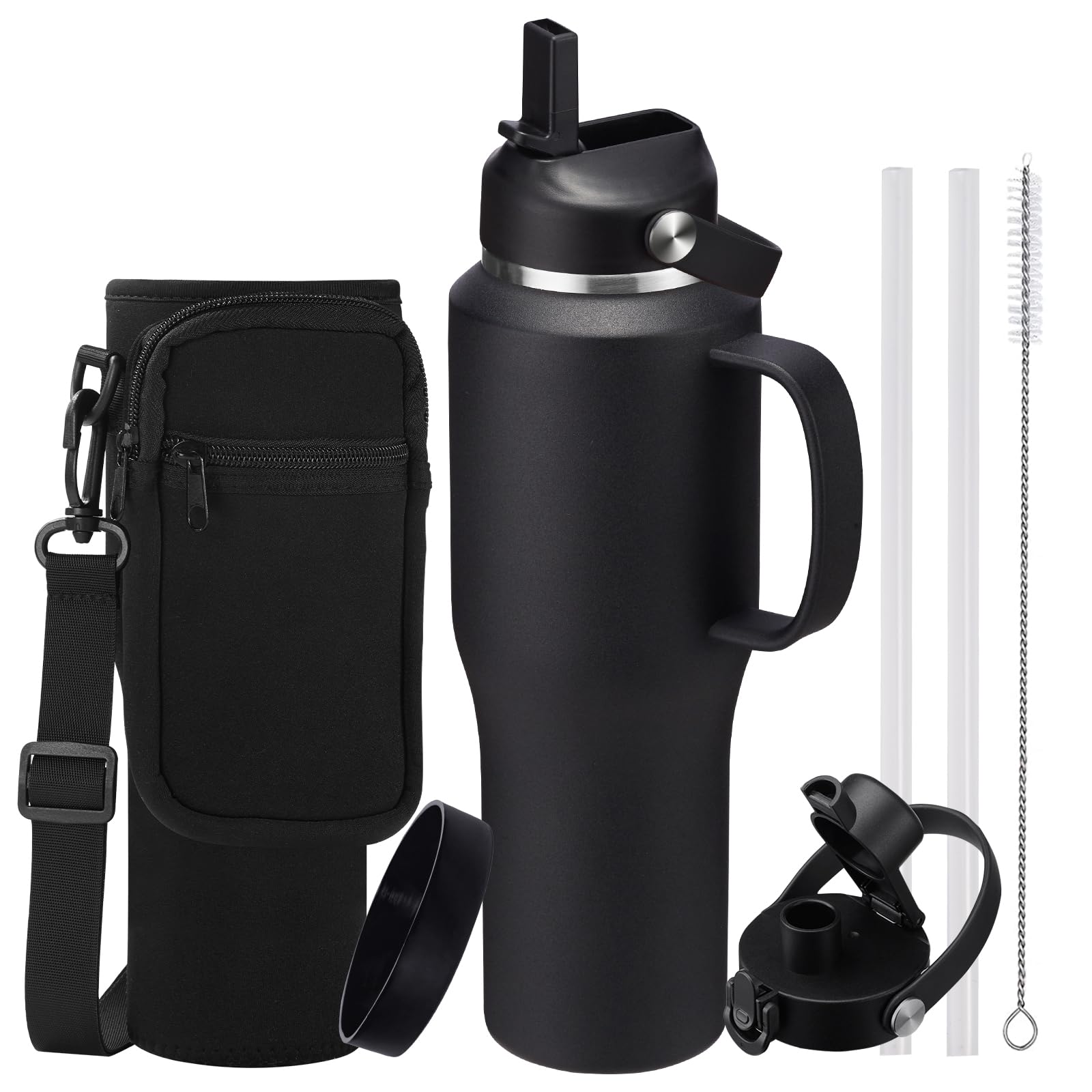 Stainless Steel Water Bottles 40oz - Insulated Water Bottle with Straw, Strap Carrier Bag &amp; Protective Boot, Tumbler with Handle for Car, Office, Gym
