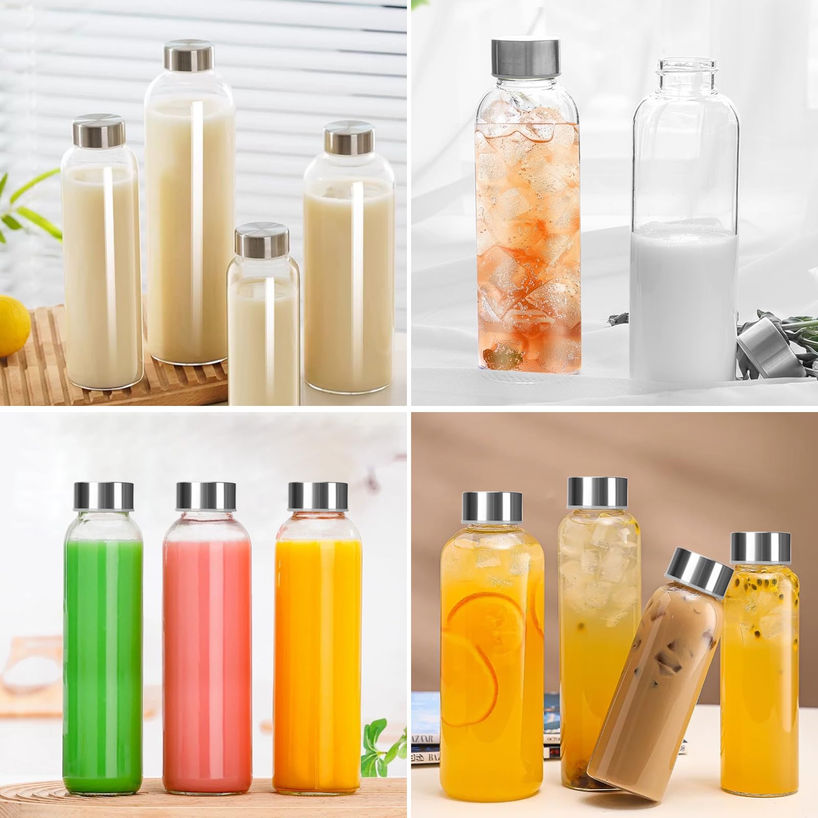 Szklane Butelki Na Wodę,Butelki Szklane 500ml Z Pokrywkami - 6 Sztuk Pustych Szklanych Butelek Na Wodę, Hermetyczne, Szczelne, Pokrywki Ze Stali Nierdzewnej - Butelki Na Wodę