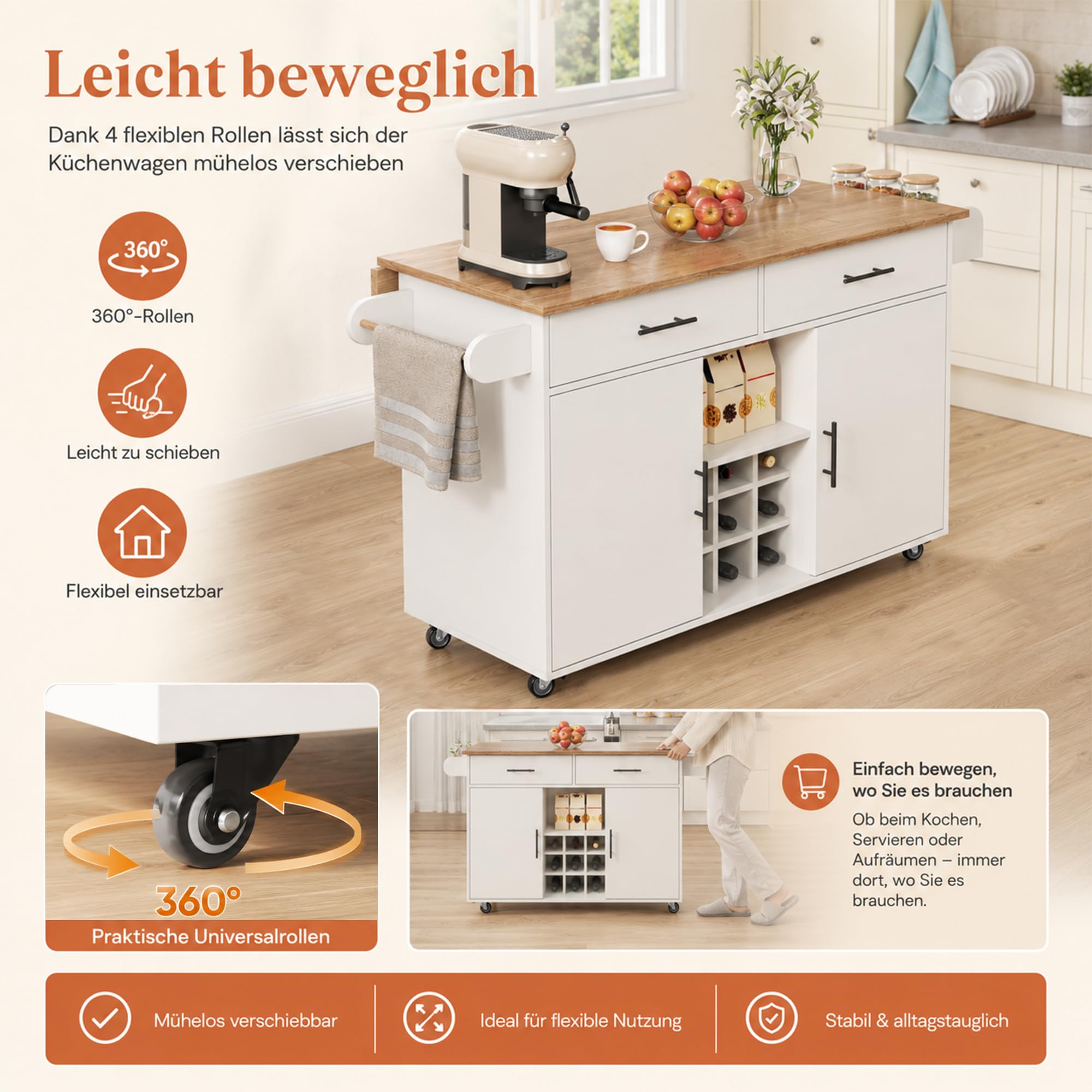 Isola da cucina con piano di lavoro pieghevole, bianco, carrello da cucina arrotolabile con vano portaoggetti, 2 cassetti, scaffale per vino, portaspezie, portasciugamani, design salvaspazio