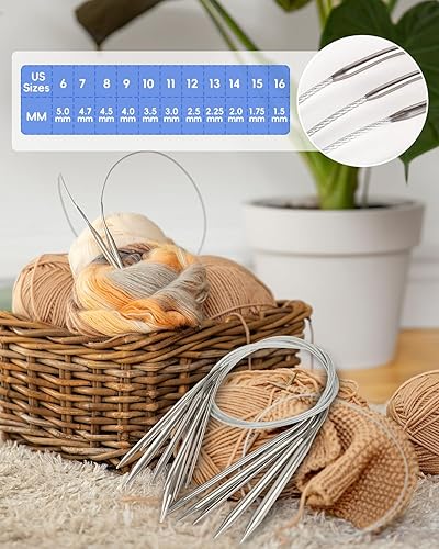 Miniatura 5 de Juego de 2 agujas de tejer de doble punta, juego de agujas de tejer circulares, agujas de tejer cortas y largas de acero inoxidable con agujas de
