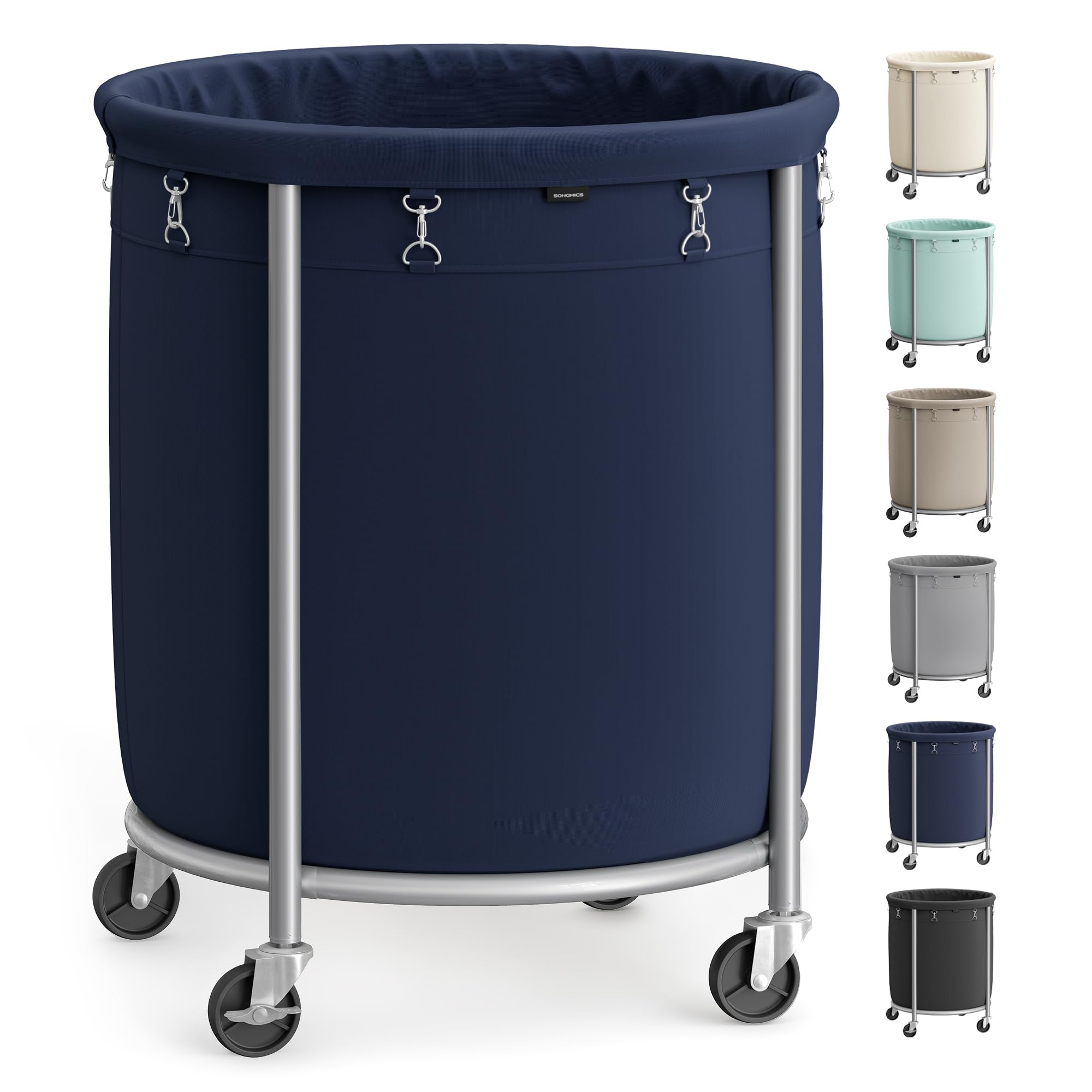 SONGMICS 50.2-Gallon (190 L) Laundry Basket with Wheels, Rolling Round Heavy-Duty Laundry Hamper Cart with Steel Frame and Removable Bag, 2 Locking Wh
