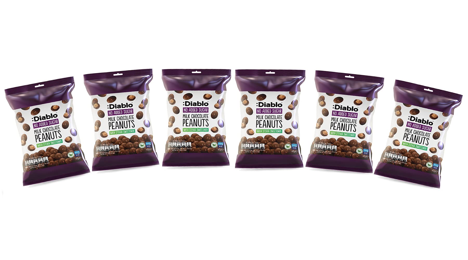 Diablo Milk Chocolate Peanuts - No Added Sugar, Sweetened with Stevia - Individually Packed Bags, Chocolate Covered Nuts Hamper Basket Available - Perfect for Gifting - Peanut - 40 g Pack of 6