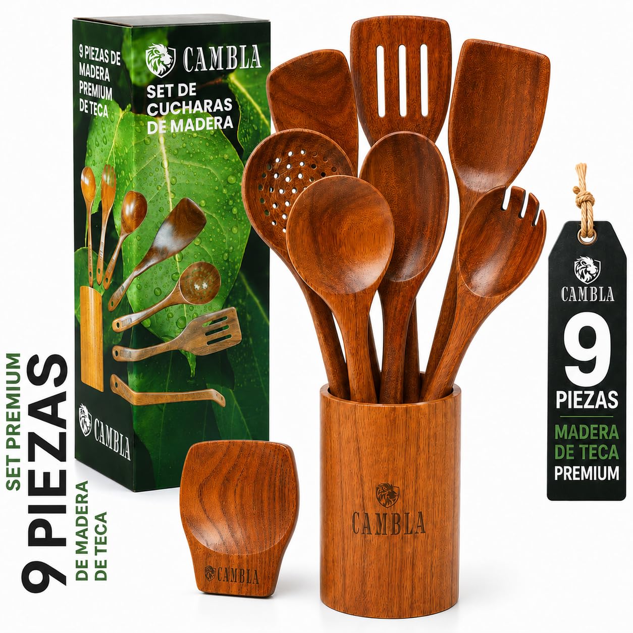 Utensilios de Cocina Madera - 9 pzas - Madera de Teca - Antiarañazos - Set de Espatulas y Cucharones de Cocina - Agarre Comodo para sartenes Antiadherentes - CAMBLA