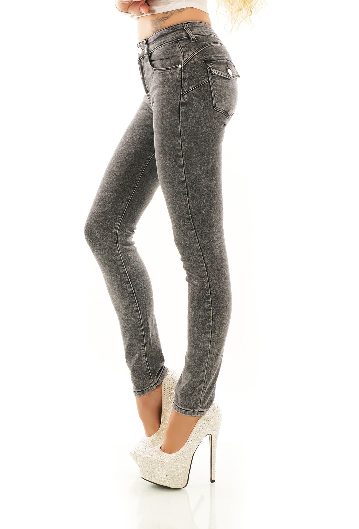 Miss RJ Jeans Women's Skinny Jeans Push Up Jeans Flap Pocket, gray, S