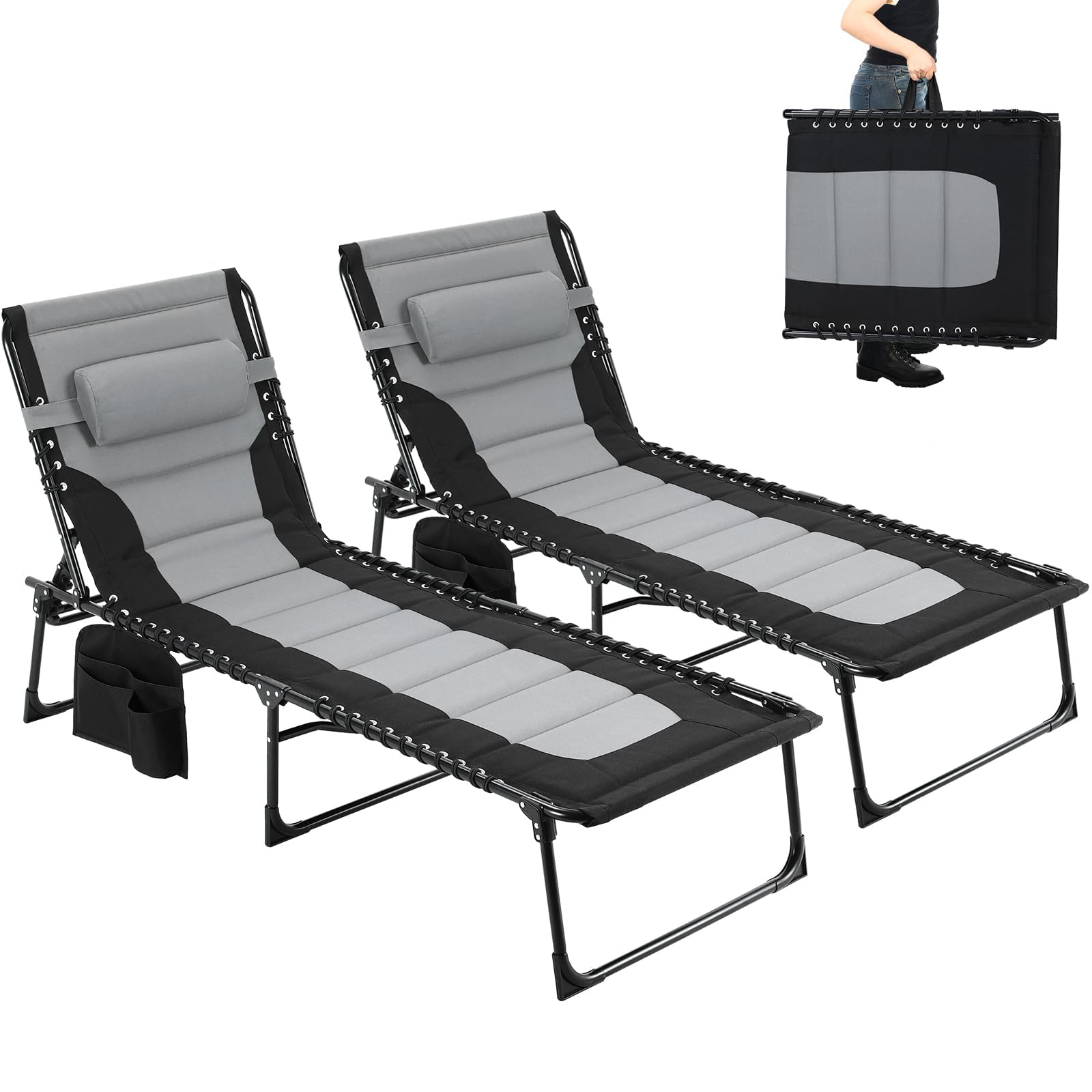 Clevich XXL Folding Deck Chair, Set of 2, 199 x 66 cm, Oversized Sun Lounger with 5-Way Adjustable Backrest, Garden Lounger with Pillow & Side Pocket, Camping Lounger up to 150 kg for Beach, Pool