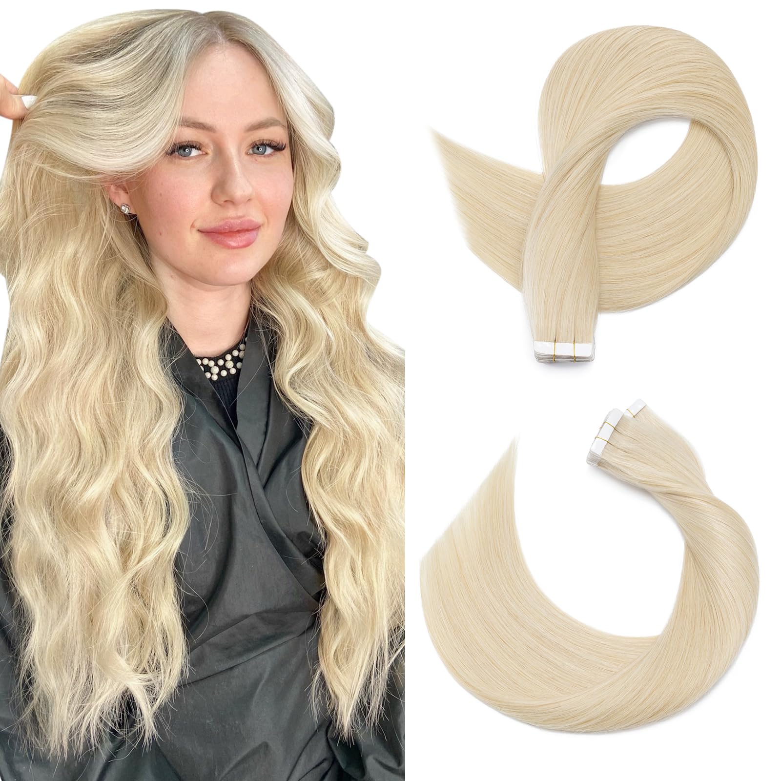 SEGOHAIR Tape in Hair Extensions Human Hair, 18" Invisible 10Pcs Real Hair Straight Natural Remy Tape Hair Extensions - Platinum Blonde