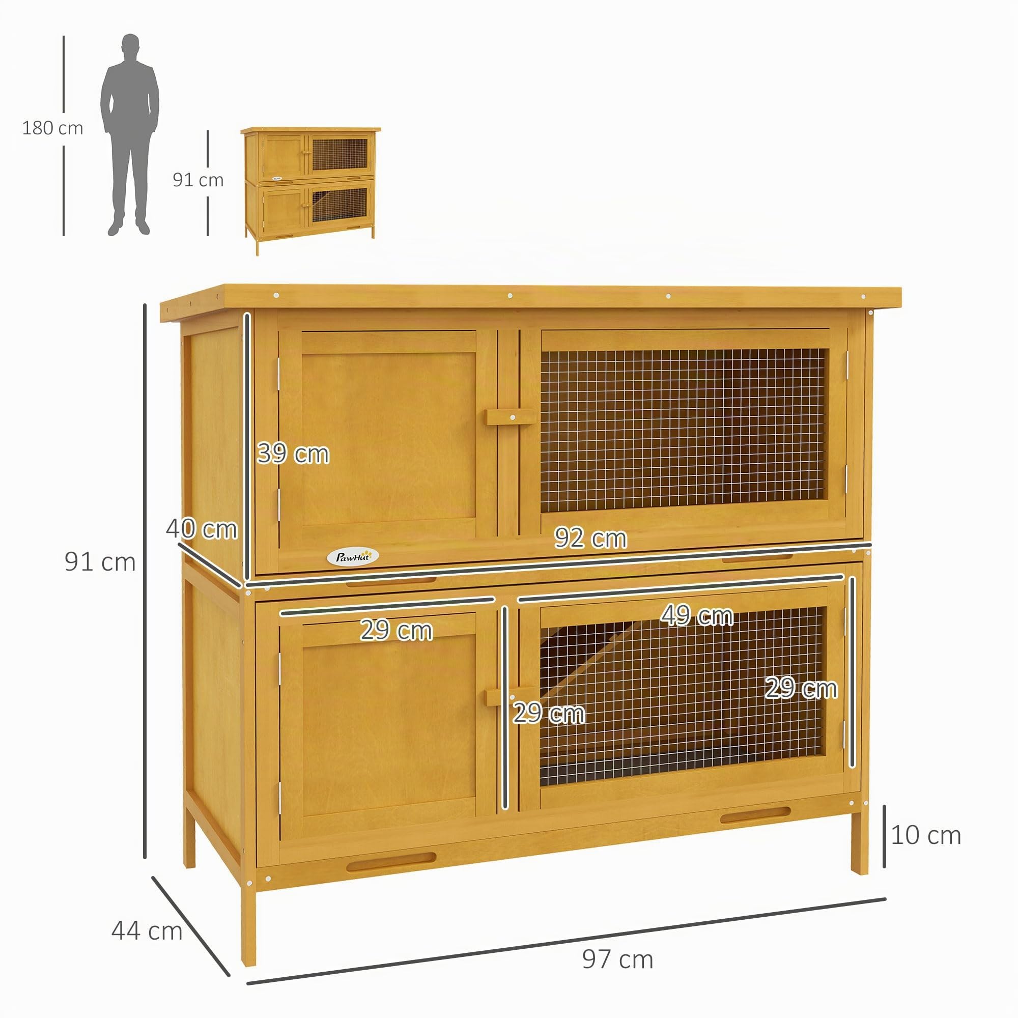 PawHut Conigliera da Esterno a 2 Livelli con 4 Porte, 97x44x91 cm, Giallo | Rampa Antiscivolo, Serratura, 2 Vassoi Estraibili, Conigliera in Abete, Tetto in Bitume, Gabbia per Conigli
