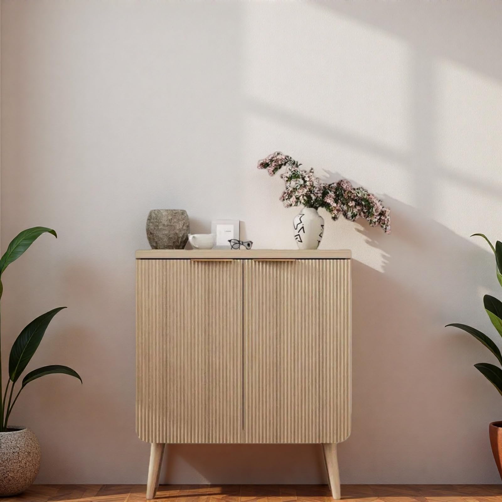 ComeWay 23.6" Modern Fluted Sideboard Cabinet with 2 Doors, Wood Storage Credenza with Shelves, Multi-Purpose Buffet Cabinet for Entryway, Dining &