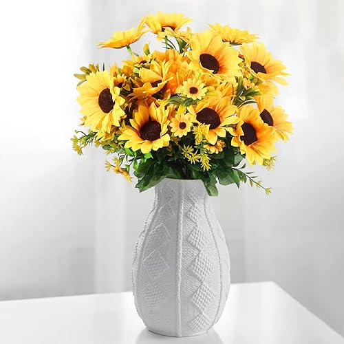 Miniatura 9 de Jexine Paquete de 16 ramos de girasoles artificiales con tallos de seda, girasoles de seda, flores amarillas falsas, arreglo floral sintético para