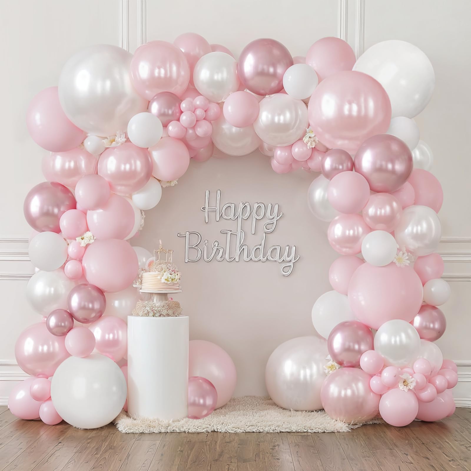 Pink and White Balloons Arch Kit, Double Stuffed Pastel Pink Balloon Garland With Light Pearl Pink White and Metallic Pink Balloon for Coquette Wedding Girl Birthday Party Bridal Shower Decor