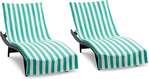 Miniatura 12 de Arkwright California Chaise Lounge Cover - Paquete de 2 - Toalla Cabana de Algodón Suave a Rayas con Portabolsillos para Silla de Playa, Piscina