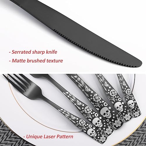 Miniatura 4 de Juego de cubiertos negros con diseño de calavera para 4, juego de cubiertos de acero inoxidable mate de 20 piezas, diseño único de esqueleto de