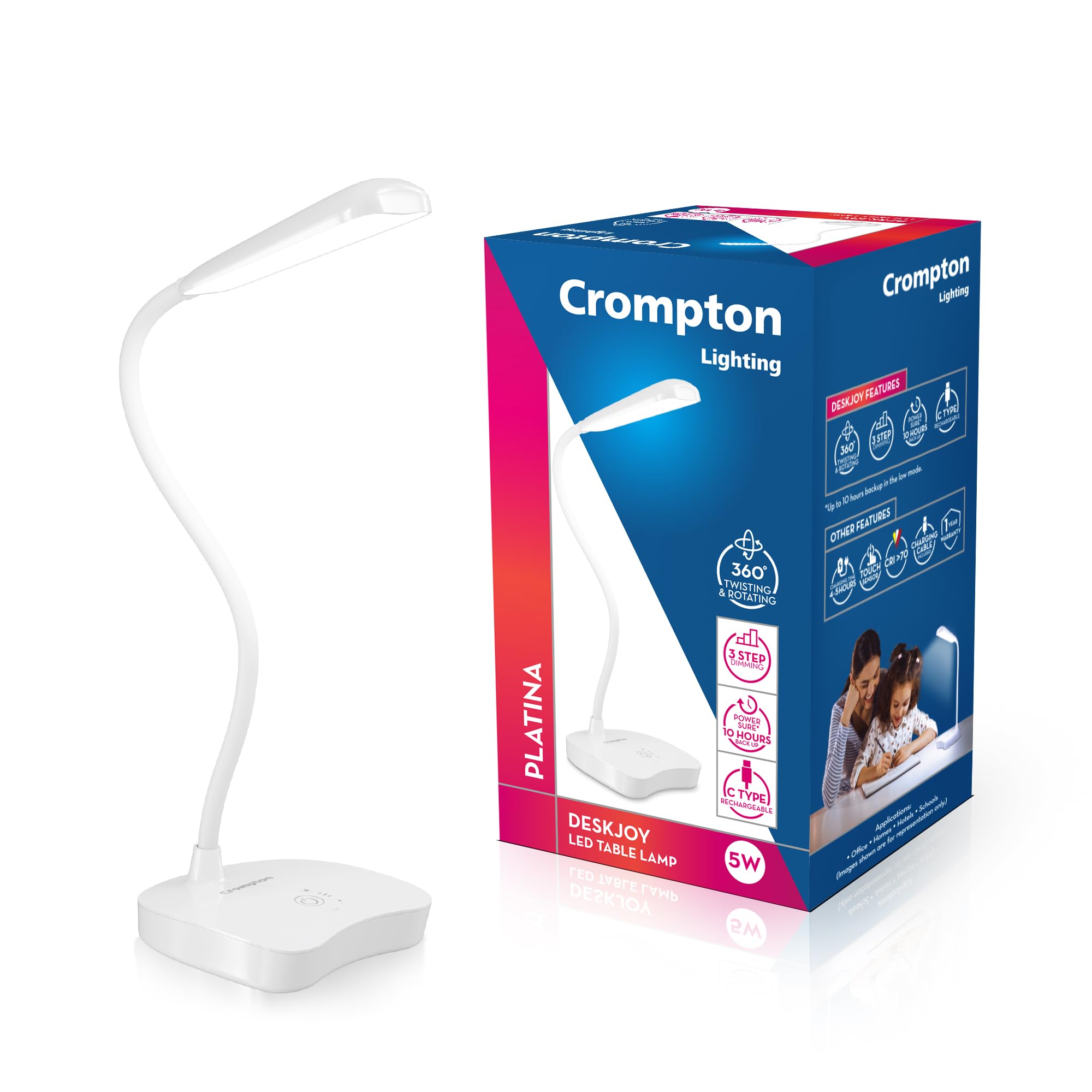 Crompton DeskJoy 5w Rechargeable LED Table Lamp |3 Step Dimming |Adjustable Desk Lamp for Study | Li-Ion Battery, ABS, White (Pack of 1)