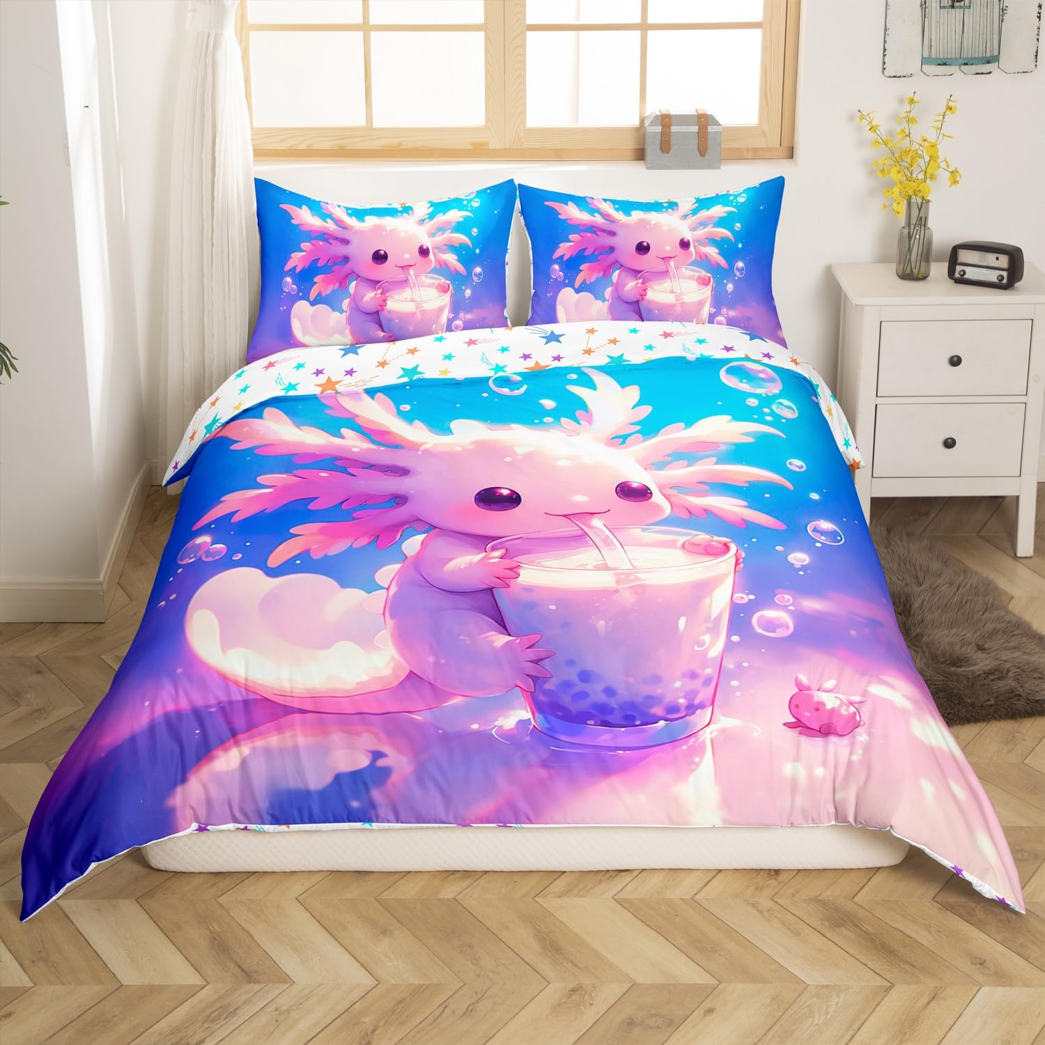 Homemissing Kids Cute Axolotl Bedding Set Double Size Cartoon Salamander DrinSuper King Comforter Cover Set for Boys Girls Kawaii Ocean Sealife Duvet Cover Bedspread Cover Room Decor,No Stuffing - Image 3