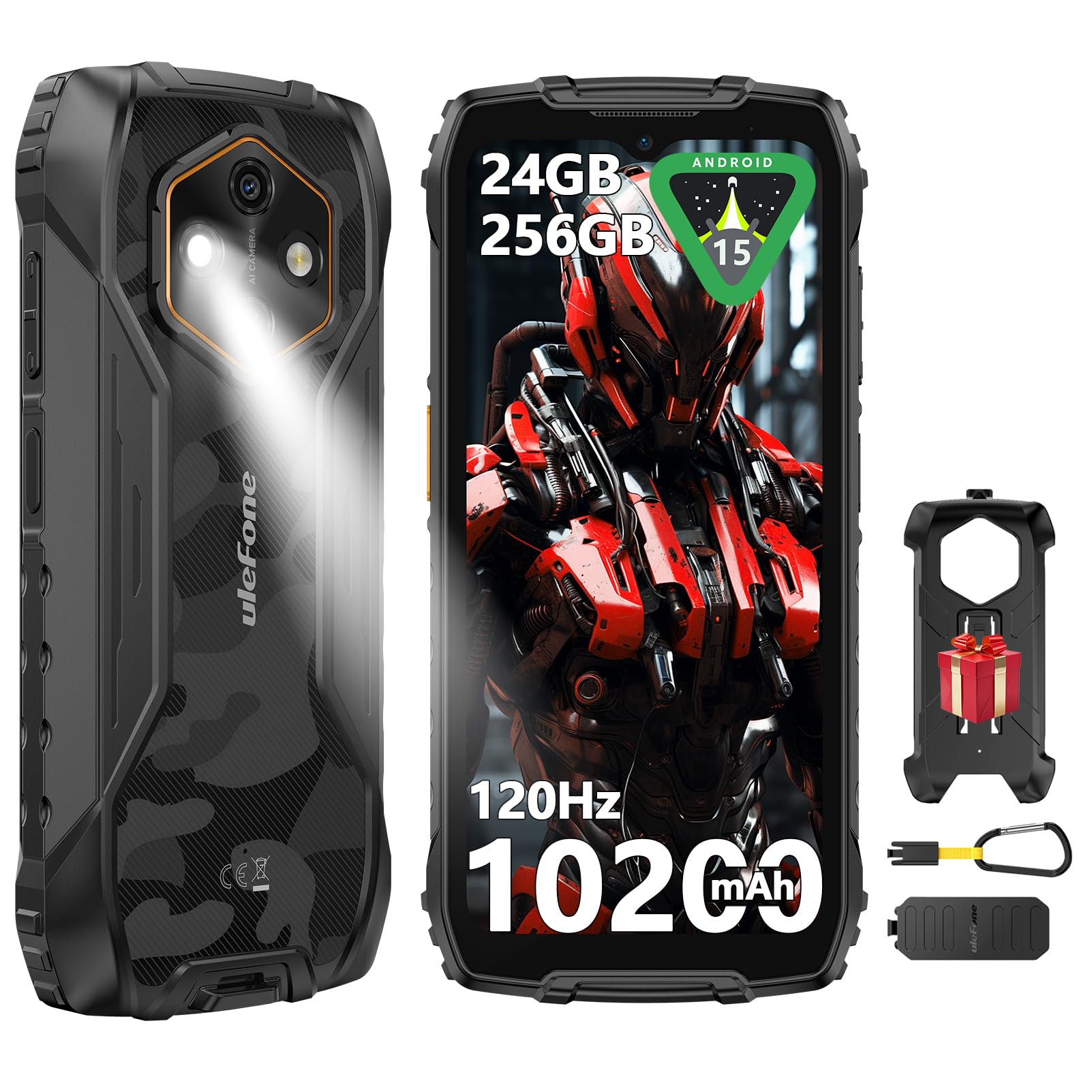 Ulefone RugKing 4 Pro Cellulare Android 15, 10200mAh Batteria AI Telefono Impermeabile 48MP+8MP 16GB+256GB/SD-2TB, Octa-Core Rugged Smartphone 6.56" 120Hz/120LM Super Torcia/3-Slots/OTG/NFC/GPS Nero