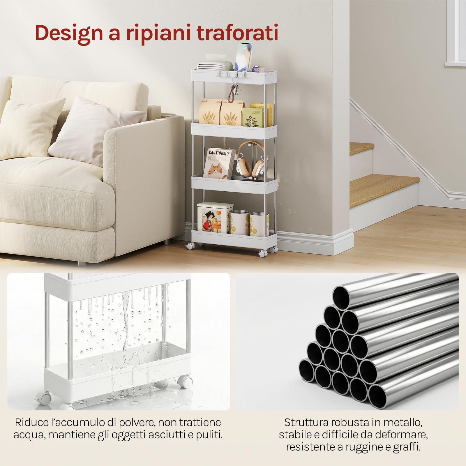 WOLTU Carrello da Cucina a 4 Ripiani, Carrello Portaoggetti con Ruote e 4 Ganci, Carrellino Salvaspazio per Cucina, Bagno e Lavanderia, in Plastica e Metallo, 41,5 x 86 x 13,5 cm, Bianco