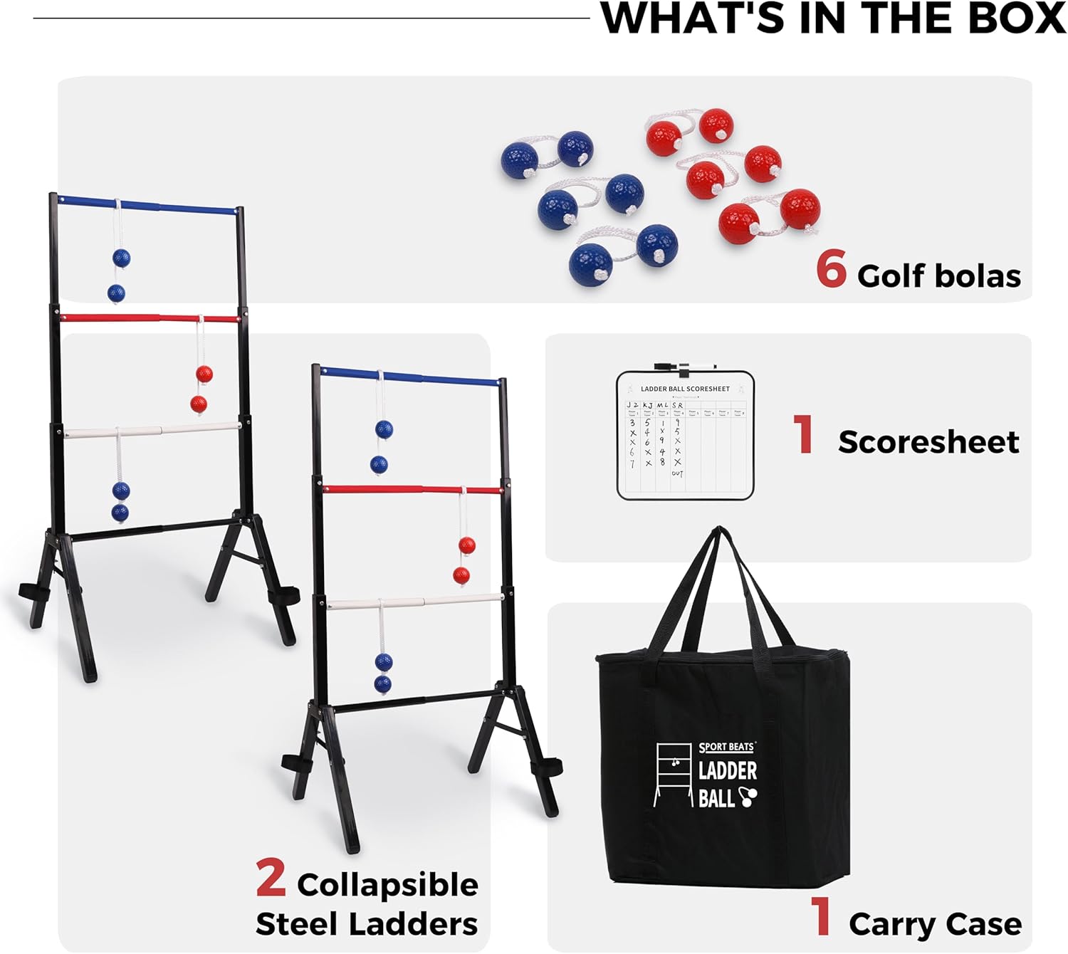 Outdoor Games Ladder Ball Set - Patented Assembly Free Portable Ladder Toss - Steel Frame Includes Carrying Case, 6 Bolas and Scoresheet