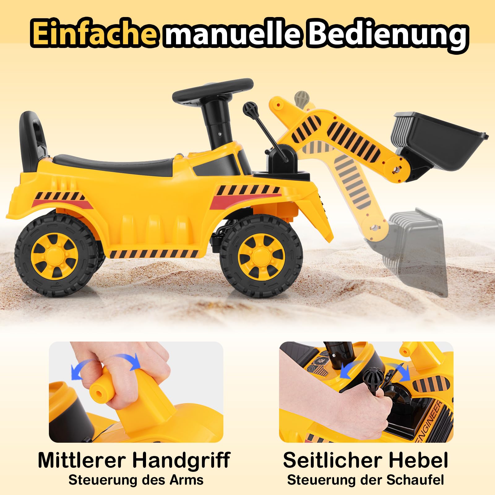 COSTWAY Bagger zum aufsitzen, Sitzbagger mit Verstellbarer Schaufel & Stauraum unter Sitz, Kinderbagger mit Motorsound & Kippschutz, Sandkasten Aufsitzbagger für Kinder ab 1 Jahr