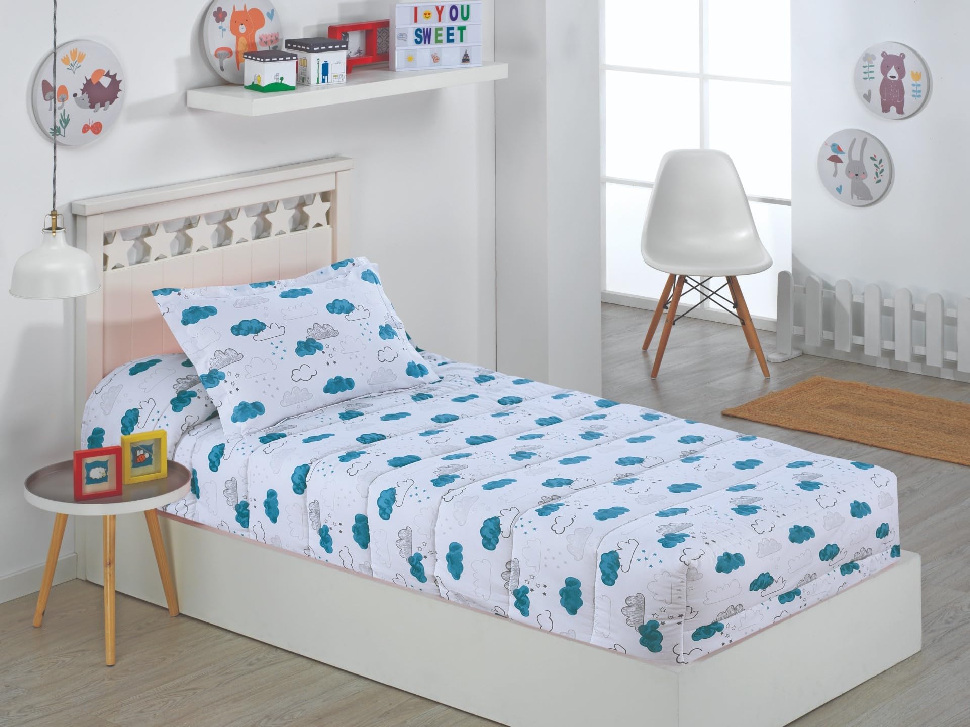 DHESTIA HOME Edredón Ajustable de 350gr Cama 90 Infantil y Cama 105 Nubes Agua Color Único Talla Cama 90