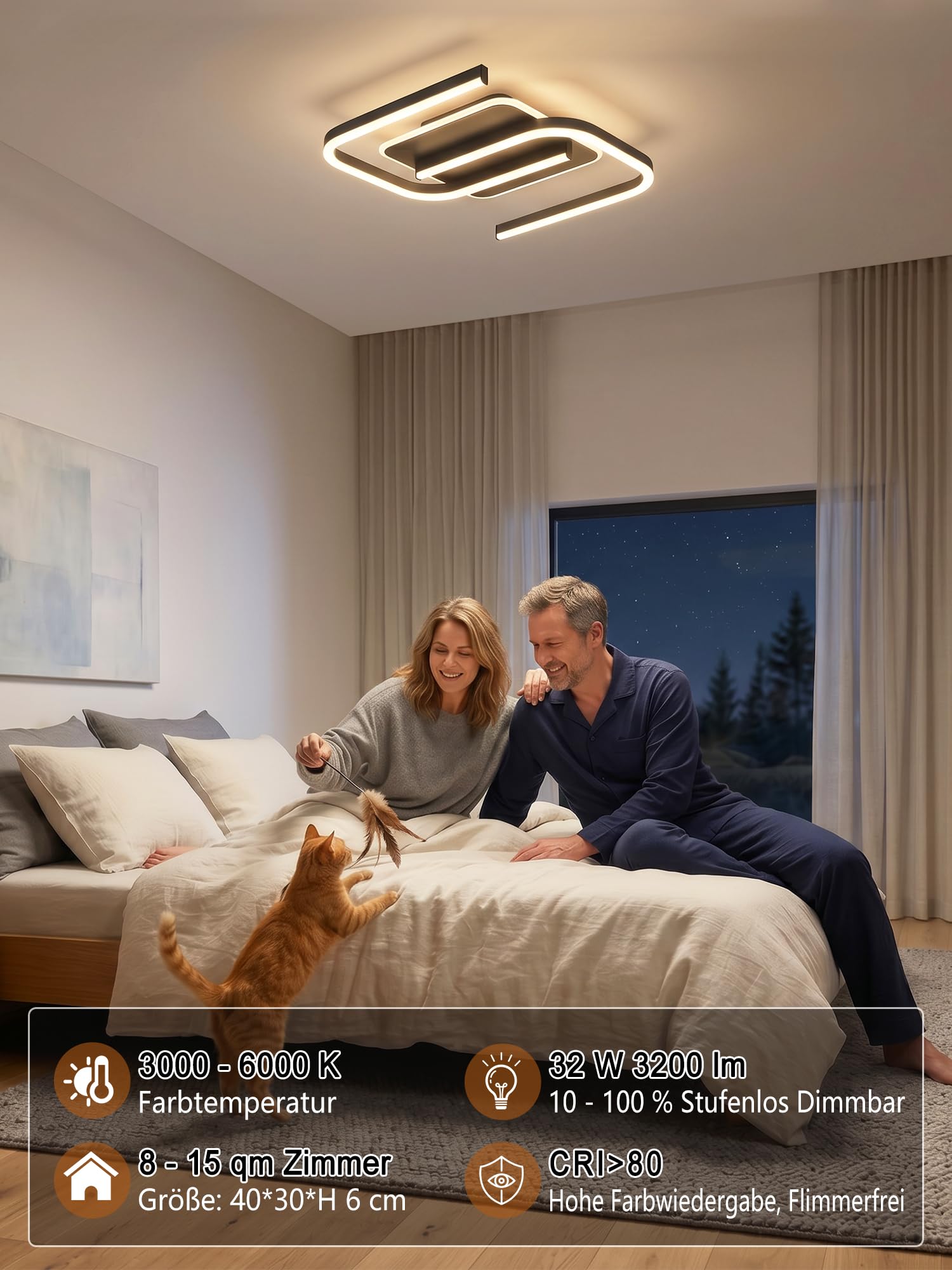 LED Deckenleuchte Dimmbar schwarz S-Form, 32W 40cm 3200lm mit Fernbedienung/Mobile APP, Farbtemperatur 3000-6000K, Helligkeit 3-32W, 3W Nachtlicht, Memory-Funktion, Für Wohnzimmer Schlafzimmer