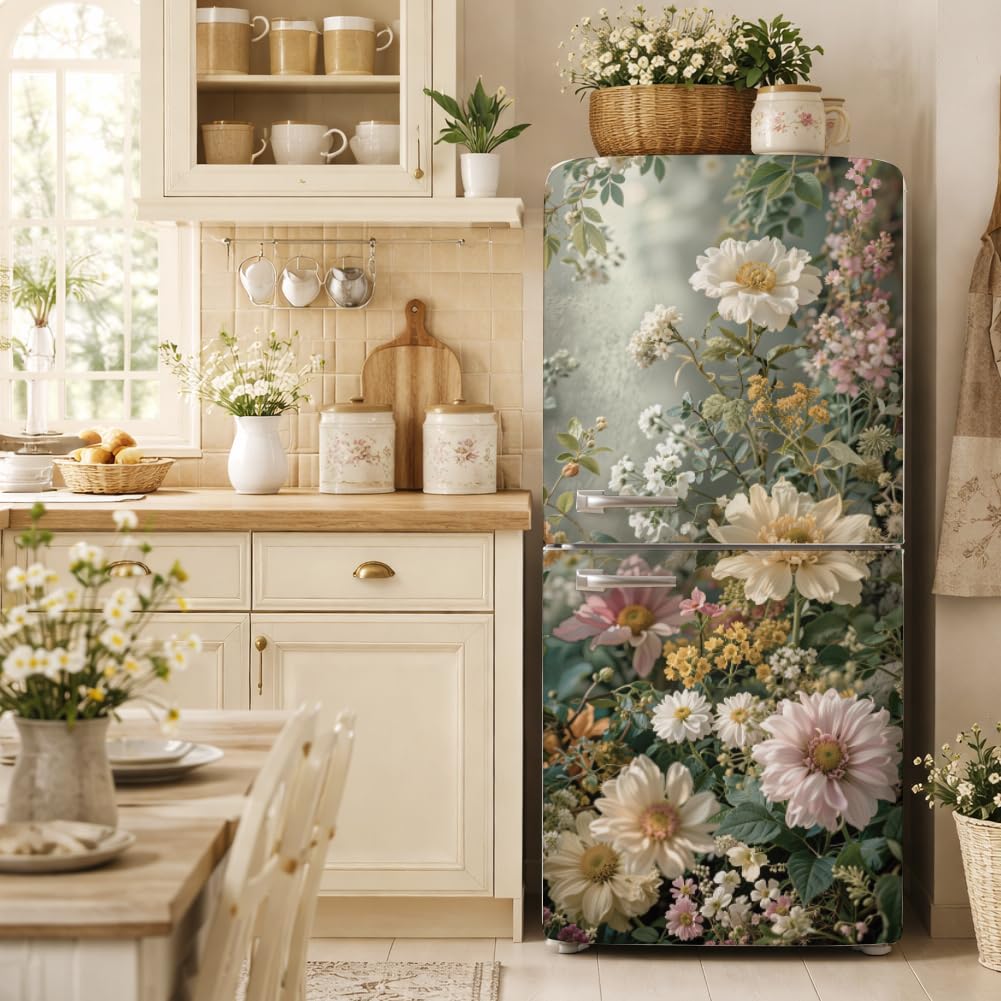 GOMAKERER 2 Pcs Wildflower Garden Removable Refrigerator Wraps, Vintage Floral Self-Adhesive Fridge Door Mural Vinyl Freezers Panel Cover Sticker for Kitchen Bar Decor, 41.5x200cm