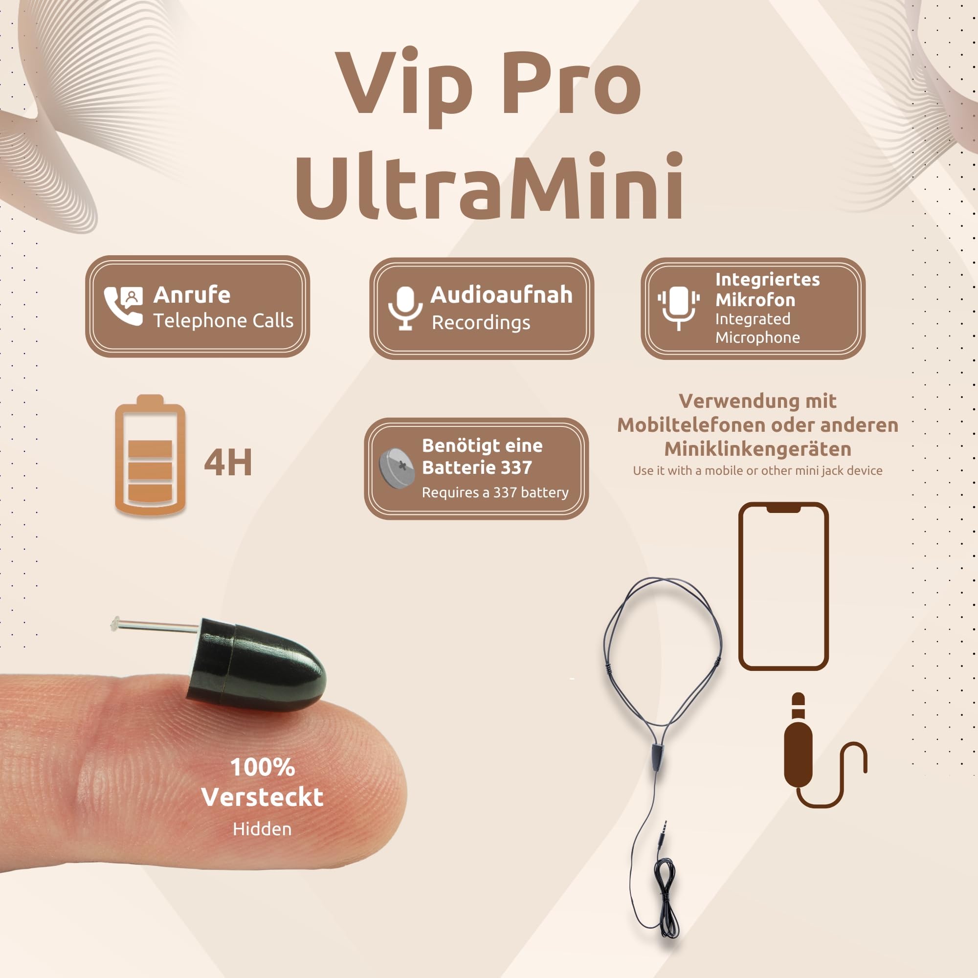 PingaOculto SpionageKopfhörer Prüfung Unsichtbar Klinke (VIP Pro UltraMini) | Klinke 3,5 mm, Integriertes Mikrofon, Multifunktionstaste, Anrufe und Aufnahmen, Kabellose Kopfhörer, Mini Größe, Für Handy