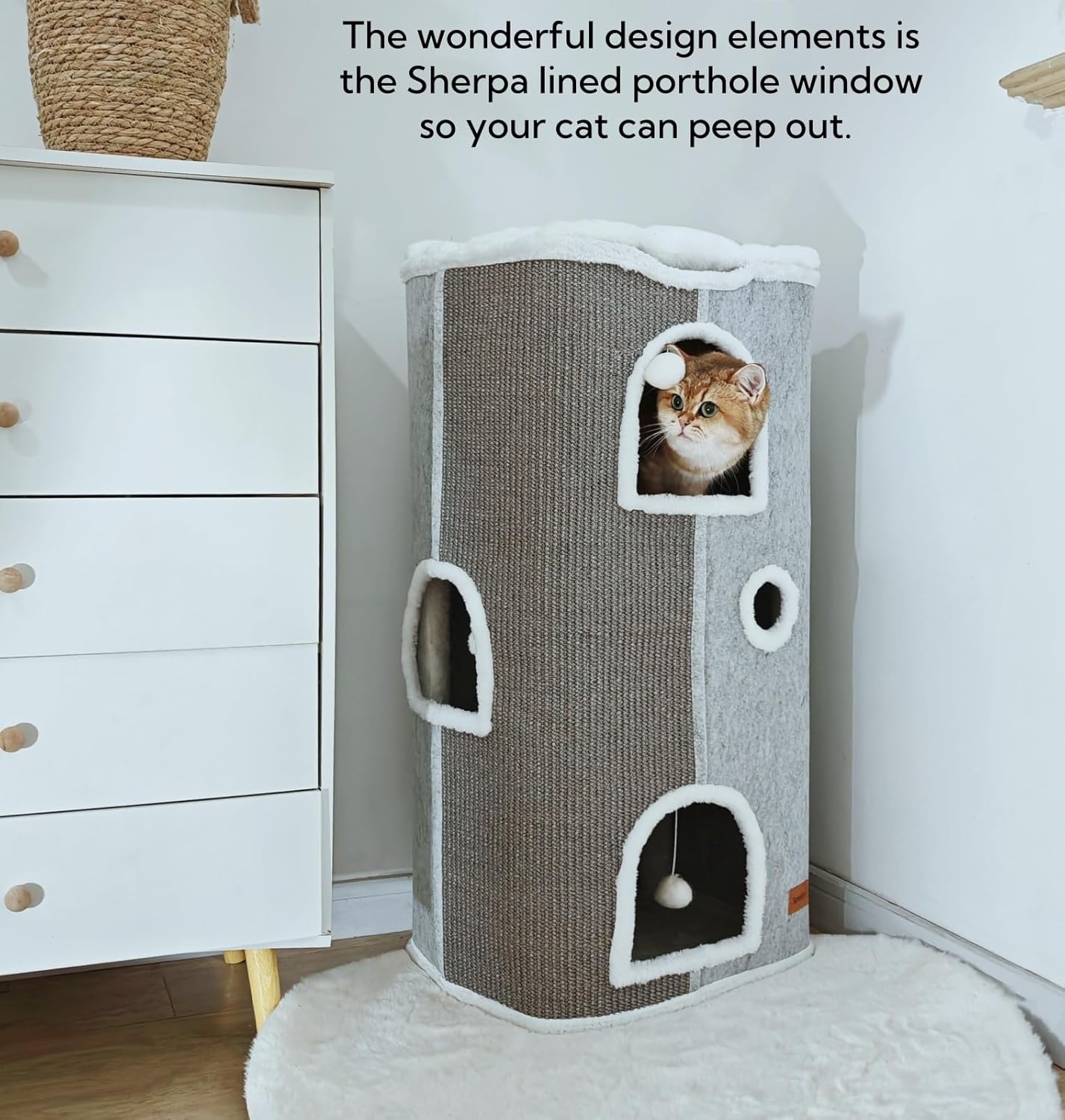 Large Cat Cave Bed for Indoor Cats, Foldable Pet House Cube with Scratch Pad, Kitten Condo Cat Hideaway Cute Hut with Soft Pillow Mat,Light Grey,17x13x33 inches