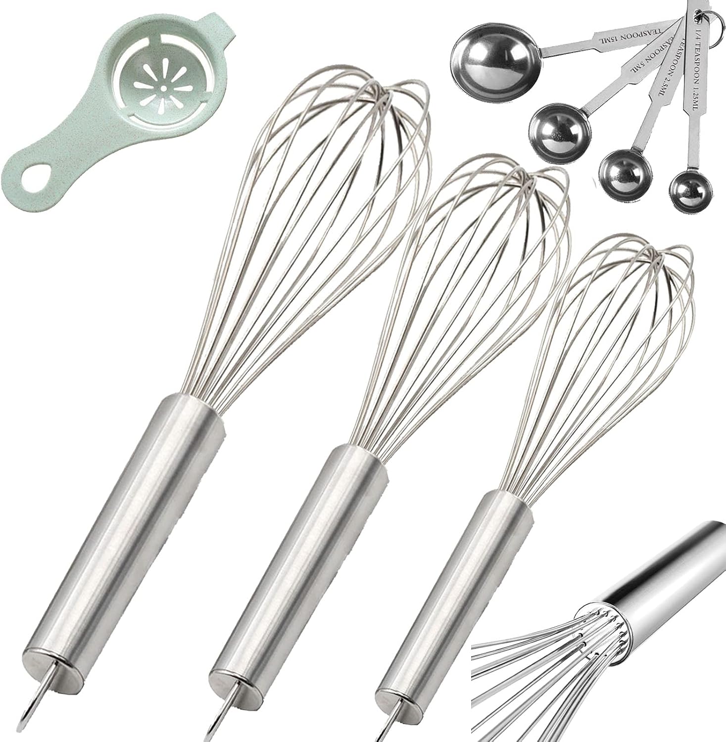 Stainless Steel Whisk, Whisk Set with Measuring Spoon and 8″+10″+12″ Wire Whisk for Cooking Blending, Beating, Stirring, Baking (5 Pack Silver)