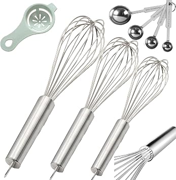 Stainless Steel Whisk, Whisk Set with Measuring Spoon and 8"+10"+12" Wire Whisk for Cooking Blending, Beating, Stirring, Baking 5 Pack Silver