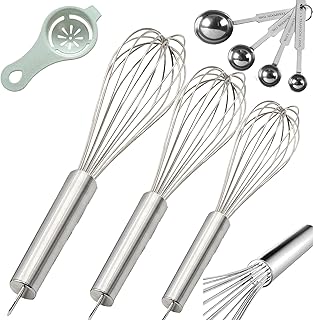 Stainless Steel Whisk, Whisk Set with Measuring Spoon and 8"+10"+12" Wire Whisk for Cooking Blending, Beating, Stirring, Baking (5 Pack Silver)