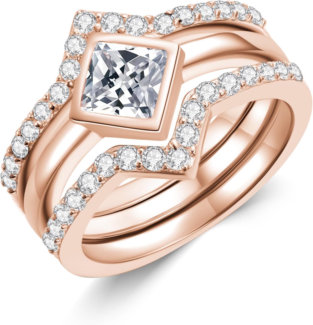 1.38 Carat (ctw) Princess Cut Moissanite Three-in-One Wedding Engagement Bridal Ring Sets For Women 14K White Gold Wedding Ring Set Handmade Customized Anniversary Ring For Women, Customizable 925 Sterling Silver/10K Gold/14K Gold/18K Gold