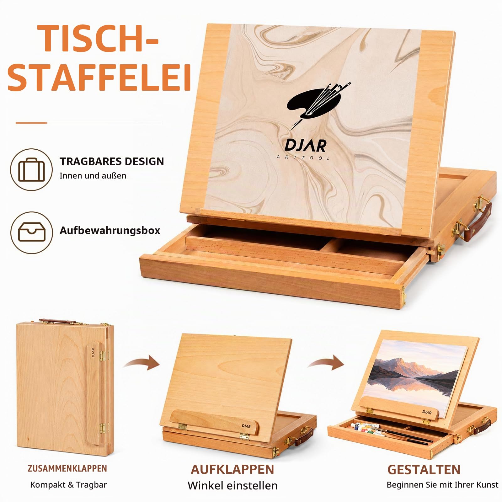 DJAR 49-teiliges Acrylfarben Set mit Tischstaffelei-Koffer, 24 Acrylfarben, Skizzenbuch, Leinwandplatten, Komplettes Malset für Erwachsene, Jugendliche und Anfänger