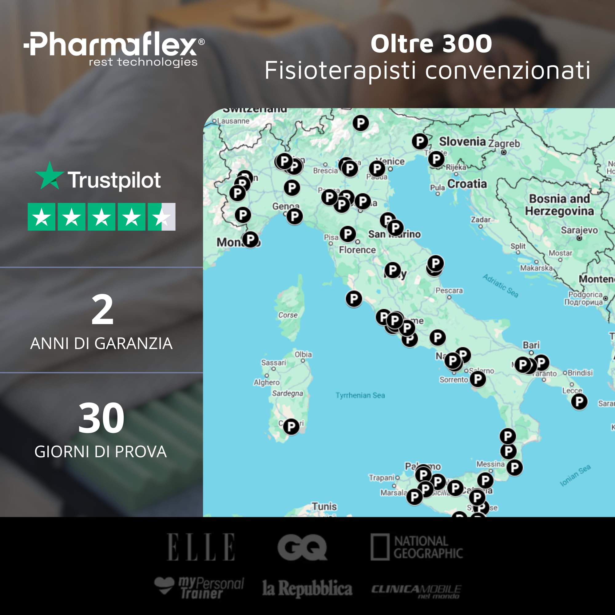 Pharmaflex - Topper Memory Foam 160x190 Materasso Matrimoniale, Alto 6 cm con 7 Zone e 2 Strati per Mal di Schiena Allevia Dolori, Coprimaterasso Correttore Medico Ortopedico con 4 Bande Elastiche