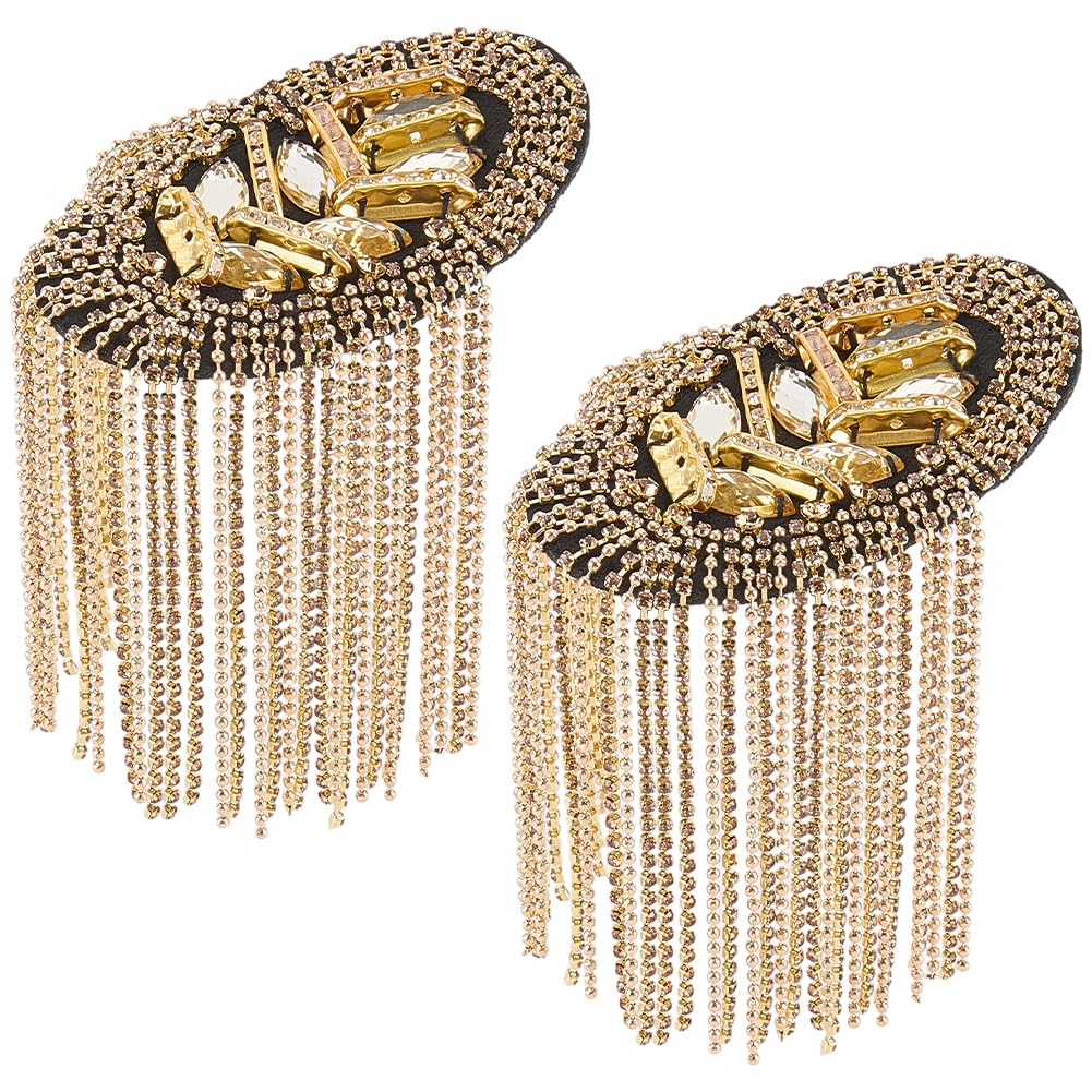 CREATCABIN 2Pcs Tassel Chain Shoulder Epaulettes Metal Punk Shoulder Badge Golden Tassel Link Fringe Boards Shoulder Pads Detachable Epaulettes for Cosplay Jacket Suit Costume Decoration 17x5cm